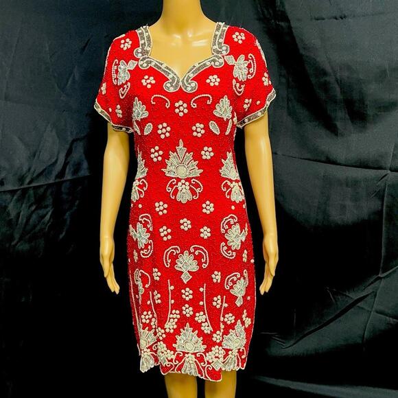 Pearl Beaded Silk 70’s Vintage Dress By Spiegel Size 10 Y2K - Picture 1 of 16